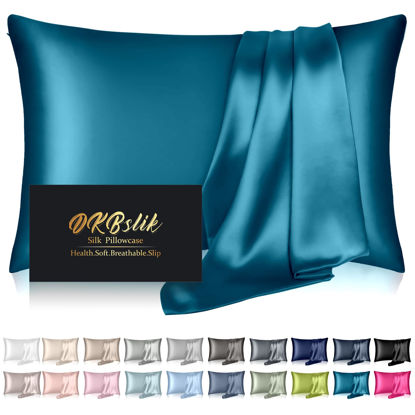 Picture of Mulberry Silk Pillow Cases Queen Size, Silk Pillowcase for Hair and Skin, Anti Acne Cooling Beauty Sleep Both Sides Natural Silk Satin Pillowcases with Hidden Zipper, Gifts for Women Men, Teal