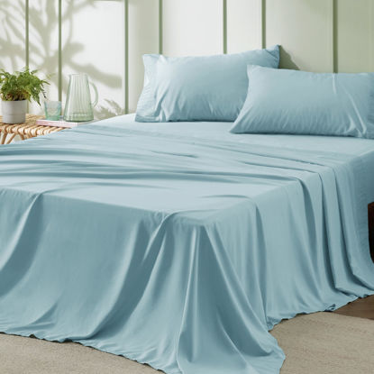 Picture of Bedsure King Size Sheets Set - 4 Pieces Soft King Sheets - Breathable & Cooling - Hotel Luxury - Easy Care Polyester Microfiber Bedding for Women, Men, Spa Blue