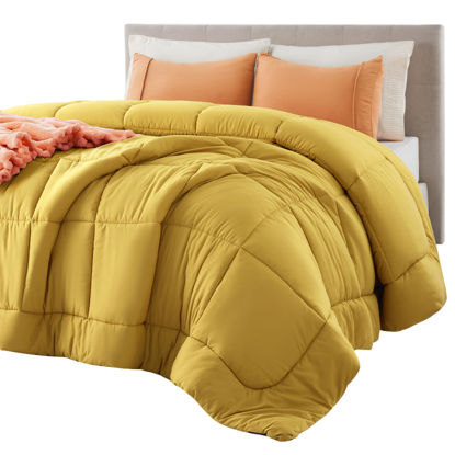 Picture of Bedsure Comforter Duvet Insert - Quilted Comforters Queen Size, All Season Duvet, Down Alternative Bedding, with 8 Tabs, Gifts for Women/Men, Mustard Yellow, Queen 88 x 88 Inches