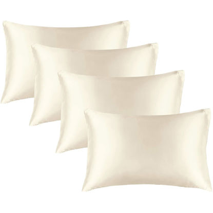 Picture of BEDELITE Satin Pillowcase for Hair and Skin, Super Soft Similar to Silk Pillow Cases 4 Pack with Envelope Closure, Cooling Pillowcases for Women Men (20"x26" Standard Size, Beige)