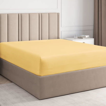 Picture of Cal King Size Fitted Bed Sheet - Hotel Luxury Single Fitted Sheet Only - Fits Mattress Up to 16" - Extra Soft, Wrinkle Free, Breathable Sheet for Women, Men, Kids & Teens - Yellow Single Fitted Sheet