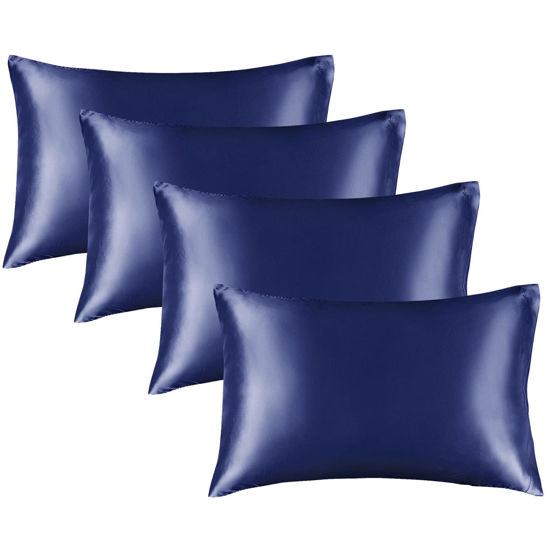Picture of BEDELITE Satin Pillowcase for Hair and Skin, Super Soft Similar to Silk Pillow Cases 4 Pack with Envelope Closure, Cooling Pillowcases for Women Men (20"x26" Standard Size, Navy)