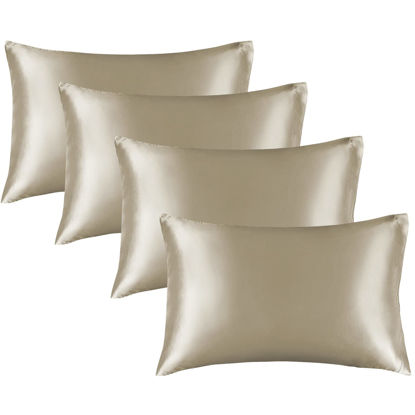 Picture of BEDELITE Satin Pillowcase for Hair and Skin, Super Soft Similar to Silk Pillow Cases 4 Pack with Envelope Closure, Cooling Pillowcases for Women Men (20"x26" Standard Size, Taupe)