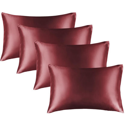 Picture of BEDELITE Satin Pillowcase for Hair and Skin, Super Soft Similar to Silk Pillow Cases 4 Pack with Envelope Closure, Cooling Pillowcases for Women Men (20"x30" Queen Size, Burgundy)