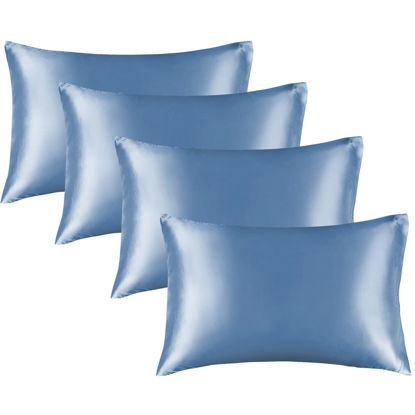 Picture of BEDELITE Satin Pillowcase for Hair and Skin, Super Soft Similar to Silk Pillow Cases 4 Pack with Envelope Closure, Cooling Pillowcases for Women Men (20"x30" Queen Size, Airy Blue)