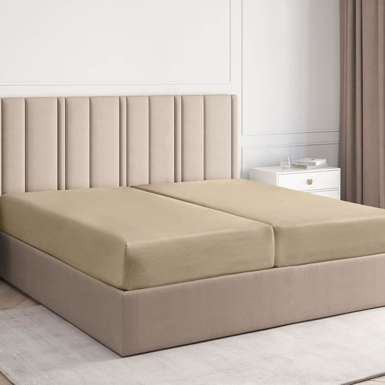 Picture of Split King Size Fitted Bed Sheet - Hotel Luxury Single Fitted Sheet Only - Fits Mattress Up To 16" - Extra Soft, Wrinkle Free, Breathable Sheet for Women, Men, Kids & Teens - Cream Single Fitted Sheet