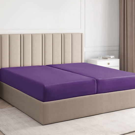 Picture of Split King Size Fitted Bed Sheet - Hotel Luxury Single Fitted Sheet Only - Fits Mattress Up to 16" - Soft, Wrinkle Free, Breathable Sheet for Women, Men, Kids & Teens - Purple Single Fitted Sheet
