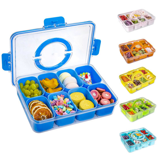 Picture of Divided Snack Serving Tray with Lid and Handle Travel Snackle Charcuterie Container Portable Storage Organizer for Candy, Fruits, Nuts, Snacks, Party, Picnic (1pack, Cerulean)