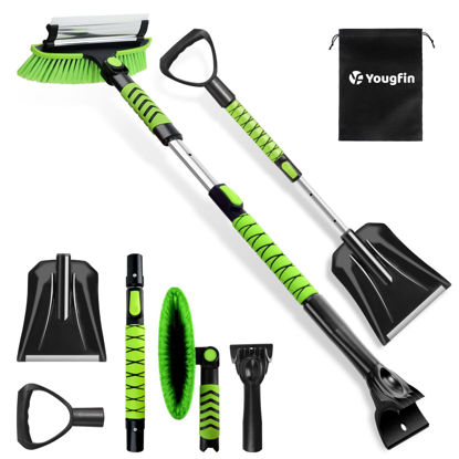 Picture of YOUGFIN 4 in 1 Ice Scraper & Snow Brush & Snow Shovel for Home Car, 43" Extendable Window Ice Removal with Squeegee for Windshield, Heavy Duty Snow Cleaner with Foam Grip & 180° Rotating Head for Auto