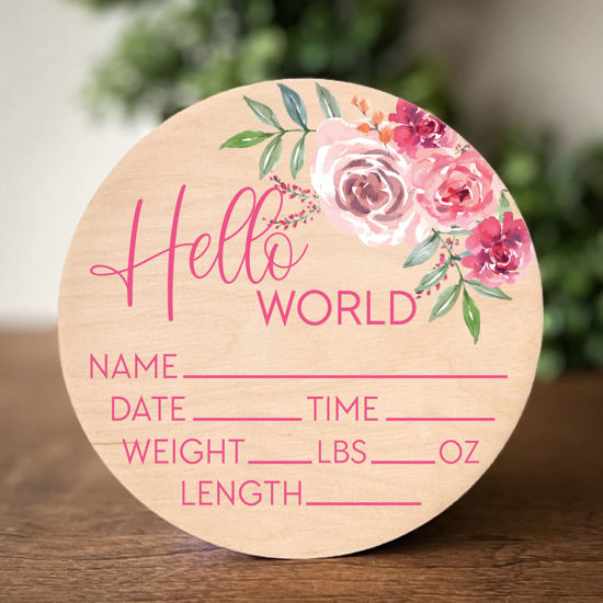 Picture of Hello World Sign for Newborn Baby Birth Stat Sign Floral Baby Sign for Hospital Baby Name Sign Pregnancy Announcement Photo Prop Crib & Nursery Decor Gift for New Mom Baby Shower Yippee Daisy