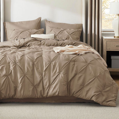 Picture of Bedsure Full Size Comforter Sets - Bedding Sets Full 7 Pieces, Pintuck Bed in a Bag Khaki Bed Set with Comforter, Sheets, Pillowcases & Shams