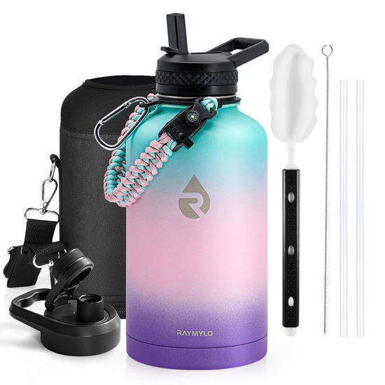 Picture of RAYMYLO Insulated Water Bottle 64 oz, Triple Wall Vacuum Stainless Steel (Cold for 48 Hrs), Leak Proof & Non-BPA, Half Gallon Water Flask Jug with Paracord Handle & Straw Spout Lids, Hydrangea