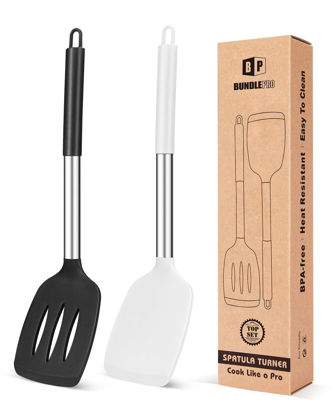 Picture of Pack of 2 Silicone Solid Turner, Non Stick Slotted Kitchen Spatulas, High Heat Resistant BPA Free Cooking Utensils, Ideal Cookware for Fish, Eggs, Pancakes(Black-White)
