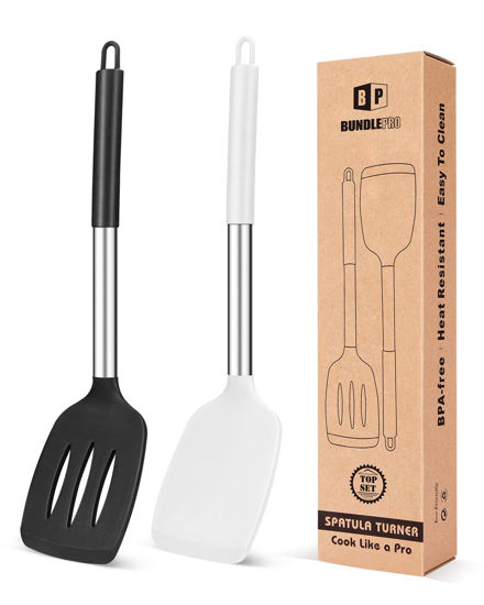 Picture of Pack of 2 Silicone Solid Turner, Non Stick Slotted Kitchen Spatulas, High Heat Resistant BPA Free Cooking Utensils, Ideal Cookware for Fish, Eggs, Pancakes(Black-White)