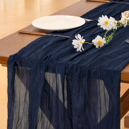 Picture of Socomi 6pcs Navy Blue Table Runner Spring Easter Cheesecloth Table Runner 120 inch Cheese Cloth Runner 10FT Boho Rustic Gauze Table Runner for Wedding Party Baby Shower Birthday Decor