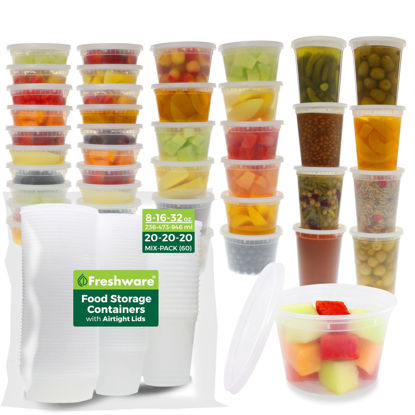 Picture of Freshware [60 Pack 8, 16, 32 oz, 20 sets each size Food Storage Containers with Lids, Plastic Deli Containers, Meal Prep Containers, Microwave and Freezer Safe, Stackable, Leakproof, BPA Free, Clear