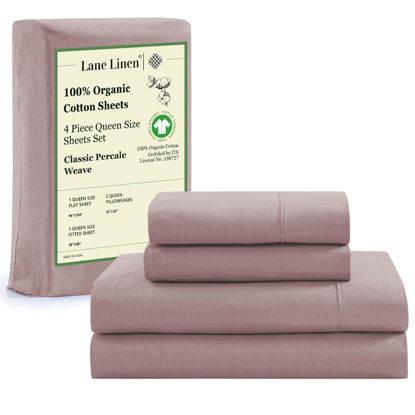 Picture of LANE LINEN Queen Size Sheets Set, 100% Organic Cotton Sheet Set, 4 Pc Queen Sheets, Percale Weave, Breathable Cooling Sheets, Hotel Quality Queen Size Deep Pocket Sheet Sets, Oeko-Tex Sheets - Lilac