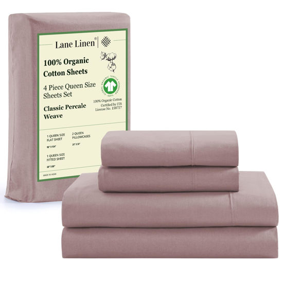 Picture of LANE LINEN Queen Size Sheets Set, 100% Organic Cotton Sheet Set, 4 Pc Queen Sheets, Percale Weave, Breathable Cooling Sheets, Hotel Quality Queen Size Deep Pocket Sheet Sets, Oeko-Tex Sheets - Lilac