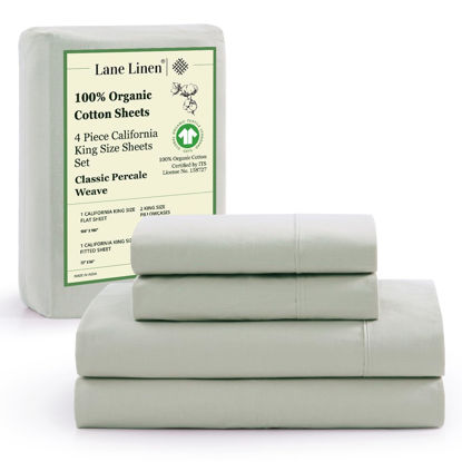 Picture of LANE LINEN 100% Organic Cotton California King Sheets Set, 4-Piece Pure Organic Cotton Long Staple Percale Weave Ultra Soft Bedding Sheets for Bed, Breathable, Fits Mattress Upto 15' Deep - Mineral