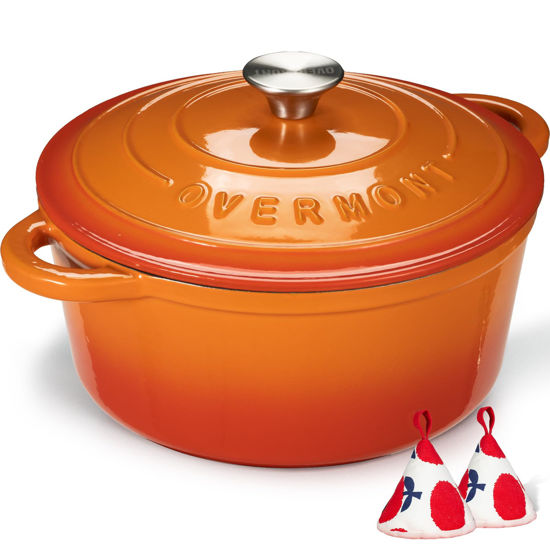Picture of Overmont Enameled Cast Iron Dutch Oven - 7QT Pot with Lid Cookbook & Cotton Potholders - Heavy-Duty Cookware for Braising, Stews, Roasting, Bread Baking orange