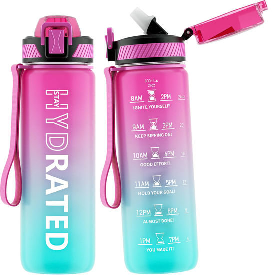 Picture of QLUR Water Bottle with Straw, 27oz Motivational Water Bottles with Time Marker to Drink, Tritan BPA Free, 800ml Sports Water Bottle with Carry Strap LeakProof for School Fitness Outdoor (1Pack)