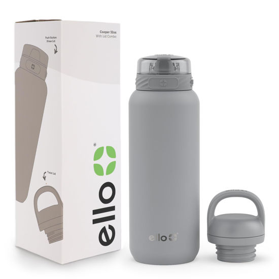 Picture of Ello Cooper 32oz Stainless Steel Water Bottle with 2 Lids Chug and Straw | Leak Proof | Double Walled and Vacuum Insulated | Built in Carry Loop | Dishwasher Safe | Gray