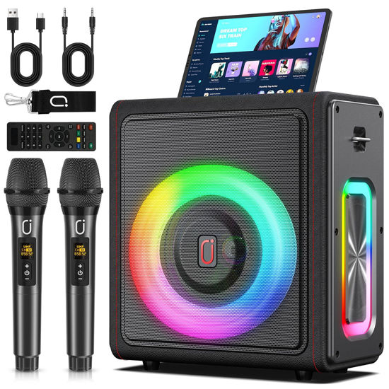 Picture of Karaoke Machine with 2 Wireless Microphones, Portable Bluetooth 5.3 Karaoke Speaker with Upgraded Subwoofer for Adults, PA System with Echo Adjustment, Support TWS/TF Card/USB/AUX/Live