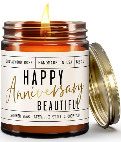 Picture of Anniversary Gifts for Women - 'Happy Anniversary Beautiful' Candle, w/Sandalwood Rose - infused w/Essential Oils I Happy Anniversary Gifts for Her I Anniversary Gifts for Wife I 50Hr Burn, USA Made