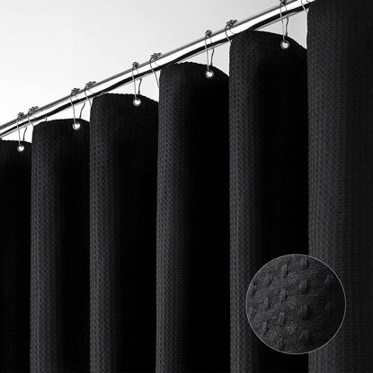 Picture of Dynamene Extra Long Shower Curtain,96 Inch Long Waffle Weave Heavy Duty Thick Cloth Bathroom Shower Curtain, Neutral Weighted Hotel Bath Curtain Set with 12 Plastic Hooks,72x96,Black