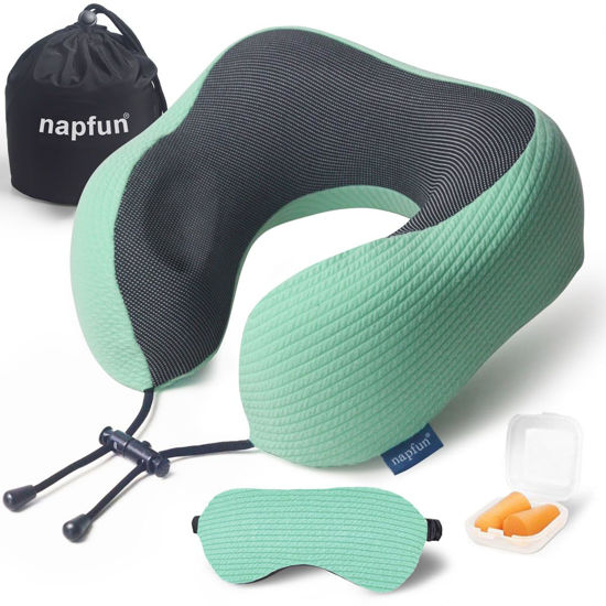 Picture of napfun Neck Pillow for Traveling, Upgraded Travel Neck Pillow for Airplane 100% Pure Memory Foam Travel Pillow for Flight Headrest Sleep, Portable Plane Accessories, Striped Turquoise