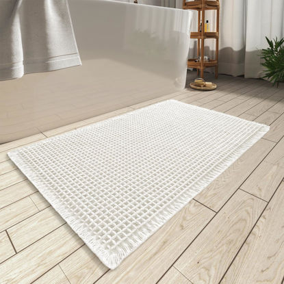 Picture of AMOAMI Upgraded Waffle Bath Mat, Super Absorbent Non Slip Bath Mats for Bathroom Floor, Machine Washable Bathroom Rugs with Tassels, Rubber Backed Bathroom Mats, Ultra Soft, 17" x 24", White