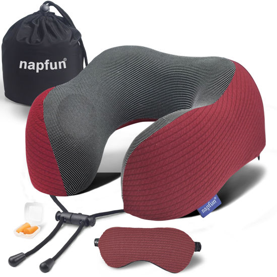 Picture of napfun Neck Pillow for Traveling, Upgraded Travel Neck Pillow for Airplane 100% Pure Memory Foam Travel Pillow for Flight Headrest Sleep, Portable Plane Accessories, Wine-Red Set, Medium (120-200LB)