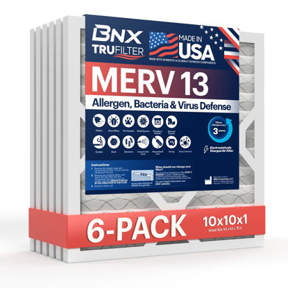Picture of BNX TruFilter 10x10x1 Air Filter MERV 13 (6-Pack) - MADE IN USA - Electrostatic Pleated Air Conditioner HVAC AC Furnace Filters for Allergies, Pollen, Mold, Bacteria, Smoke, Allergen, MPR 1900 FPR 10
