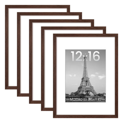 Picture of upsimples 12x16 Picture Frame Set of 5, Display Pictures 8.5x11 with Mat or 12 x 16 Without, Wall Gallery Poster Frames, Brown