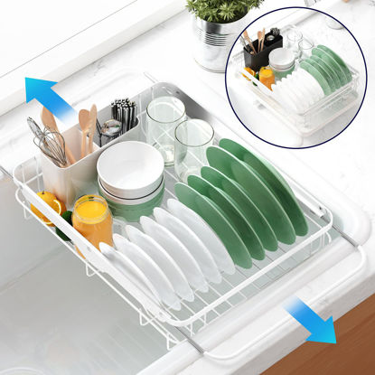 Picture of Kitsure Dish Drying Rack- Space-Saving Dish Rack, Dish Racks for Kitchen Counter and Sink, Stainless Steel Kitchen Drying Rack with a Cutlery Holder, 12''W x 15''~23''L, White