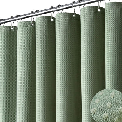 Picture of Dynamene Stall Fabric Shower Curtain - 36x72 Waffle Weave Weighted Cloth Shower Curtains for Bathroom, Neutral Heavy Duty Hotel Spa Luxury Bath Curtain Set with 6 Plastic Hooks,Sage Green