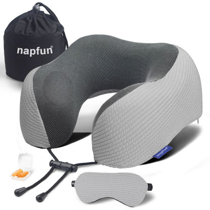 Picture of napfun Neck Pillow for Traveling, Upgraded Travel Neck Pillow for Airplane 100% Pure Memory Foam Travel Pillow for Flight Headrest Sleep, Portable Plane Accessories, Striped Light Grey
