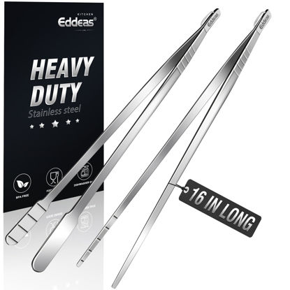 Picture of Eddeas 16 Inch long Kitchen Tweezers - 2 Pack large Tweezer Tongs for Cooking, Heavy Duty Stainless Steel Heat Resistant 600°F Food tweezers, Dishwasher safe