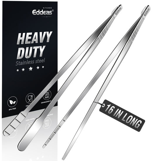 Picture of Eddeas 16 Inch long Kitchen Tweezers - 2 Pack large Tweezer Tongs for Cooking, Heavy Duty Stainless Steel Heat Resistant 600°F Food tweezers, Dishwasher safe