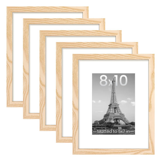 Picture of upsimples 8x10 Picture Frame Set of 5, Display Pictures 5x7 with Mat or 8 x 10 Without, Wall Gallery Photo Frames, Natural