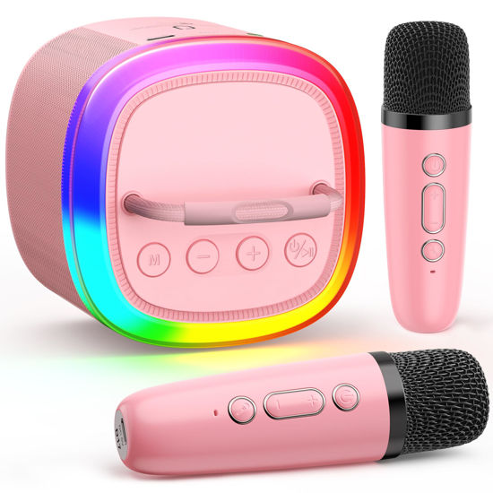 Picture of JYX Mini Karaoke Machine for Kids, Portable Bluetooth Karaoke Speaker Unpowered Cabinets with 1 Wireless Microphones and Party Lights and Adults, Birthday Gifts for Girls Boys Family Home Party(Pink)