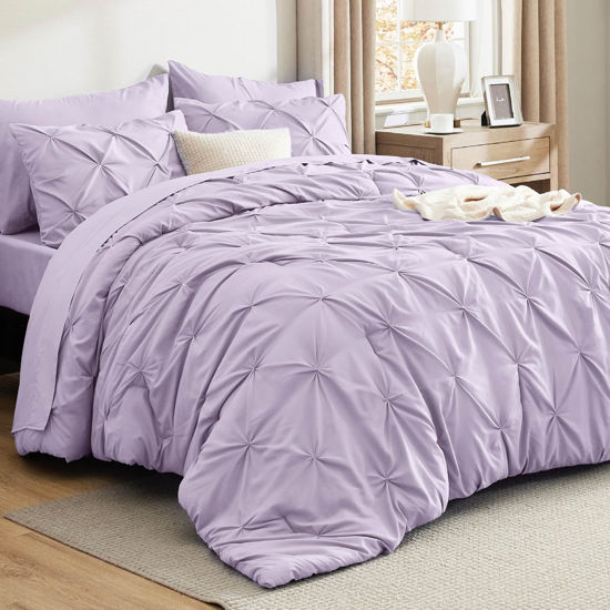 Picture of Bedsure California King Comforter Set Light Purple - Bed in a Bag California King Size 7 Pieces, Pintuck Bed Set Gift for Family, Pinch Pleat Light Purple Comforter with Sheets, Pillowcases & Shams
