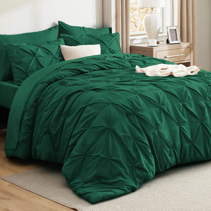 Picture of Bedsure Queen Comforter Set Dark Green - Bed in a Bag Queen Size 7 Pieces, Pintuck Bed Set Gift for Family, Pinch Pleat Dark Green Comforter with Sheets, Pillowcases & Shams