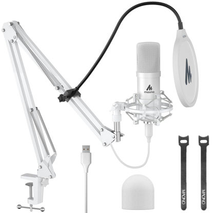 Picture of MAONO USB Microphone, 192kHz/24bit Plug & Play PC Computer Podcast Condenser Cardioid Metal Mic Kit with Professional Sound Chipset for Recording, Gaming, Singing, YouTube, AU-A04 White