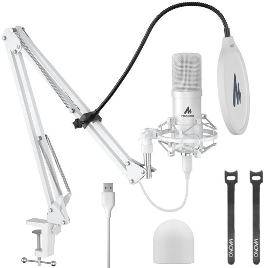 Picture of MAONO USB Microphone, 192kHz/24bit Plug & Play PC Computer Podcast Condenser Cardioid Metal Mic Kit with Professional Sound Chipset for Recording, Gaming, Singing, YouTube, AU-A04 White