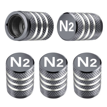 Picture of Tire Valve Stem Caps Cover - (5 Pack) Tire Air Cap N2 Nitrogen Metal with Plastic Liner Corrosion Resistant Leak-Proof for Car Truck Motorcycle Bike Grey