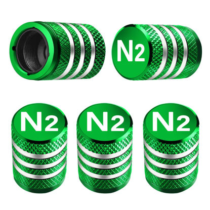 Picture of Tire Valve Stem Caps Cover - (5 Pack) Tire Air Cap N2 Nitrogen Metal with Plastic Liner Corrosion Resistant Leak-Proof for Car Truck Motorcycle Bike Green