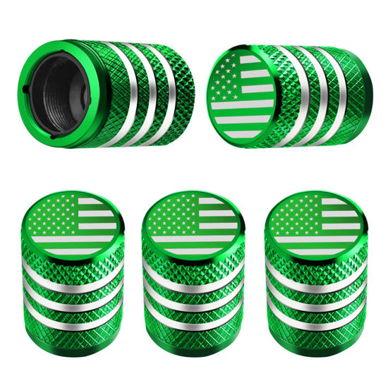 Picture of DECURCAR Tire Valve Stem Caps - (5 Pack) Air Cap Metal with Plastic Liner Corrosion Resistant Leak-Proof American Flag for Car Truck Motorcycle Bike Green, Green,Metallic