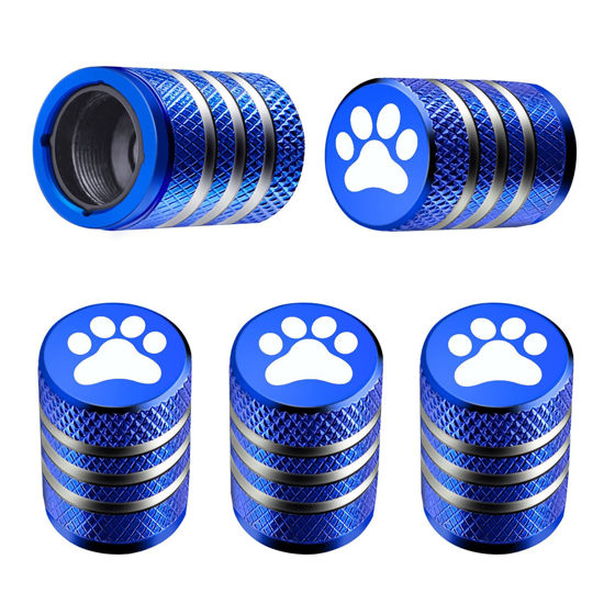 Picture of Tire Valve Stem Cap Cover - (5 Pack) Tire Air Caps Metal with Plastic Liner Corrosion Resistant Leak-Proof Cat/Dog Paw for Car Truck Motorcycle Bike Blue