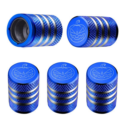 Picture of Tire Valve Stem Cap Cover - (5 Pack) Tire Air Cap Metal with Plastic Liner Corrosion Resistant Leak-Proof Halloween Pumpkin Car Decoration Accessories Blue